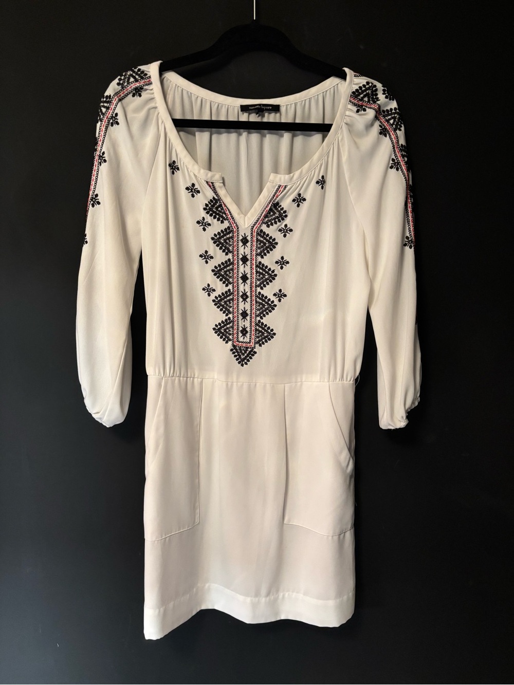 Nanette Lepore Tough Love Embroidered Boho V-Neck Mini Dress with Black Belt